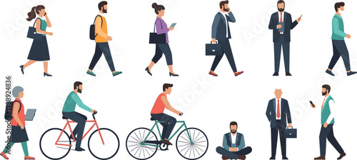 Set of business people walking, commuting and working vector illustration, urban lifestyle characters collection for office, app and presentation design