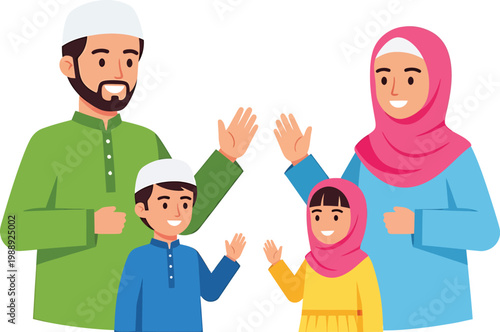 a muslim family wearing traditional clothes and greeting each other