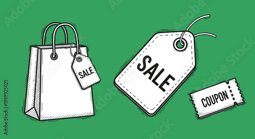 An illustration of a shopping bag with a sale tag, conveying a sense of bargain and discount, perfect for marketing and advertising materials.