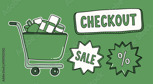 A cheerful illustration of a shopping cart filled with gifts on a green background, conveying a sense of shopping, gift-giving, and celebration.