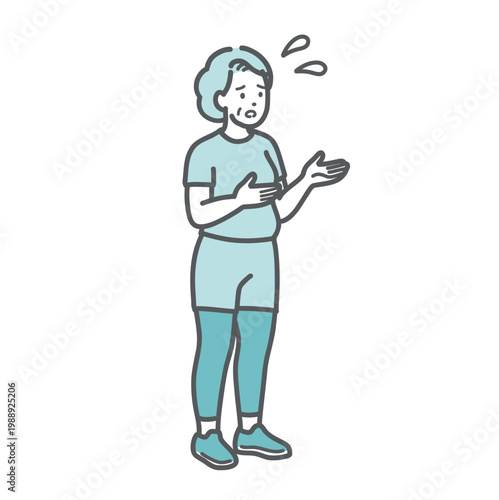 困り顔で相談・説明をするスポーツウェア姿のぽっちゃりシニア女性のイラスト