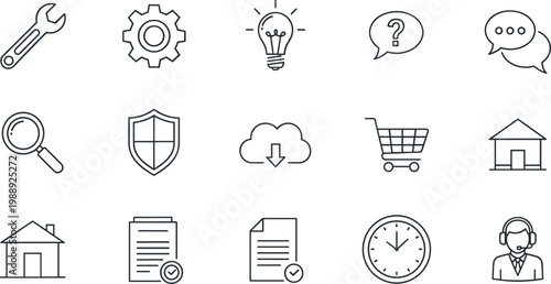 Business and service line icon set featuring tools support security shopping documents cloud and time management symbols for digital applications