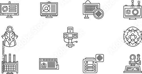 Scientific research and laboratory technology line icon set featuring microscope data analysis equipment and experimental workflow symbols for modern science applications