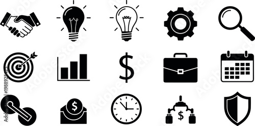 Business and finance icon set featuring strategy analytics communication security management and corporate workflow symbols for digital applications