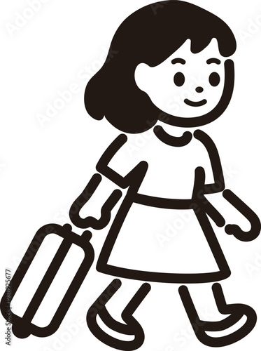 Female Tourist Icon Illustration: Girl Pulling a Suitcase, Hand-drawn Vector for Travel and Vacation Design
