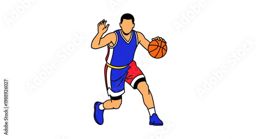 A vector illustration of a cartoon boy athlete playing a fun basketball game, featuring a black silhouette of a kid running with a ball in a competition action drawing