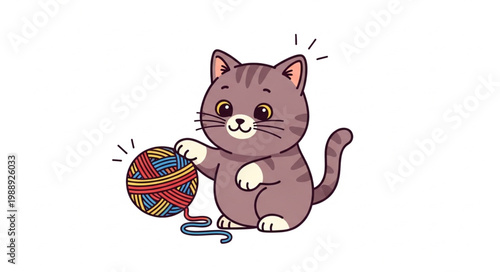 A cute cartoon vector illustration of a funny squirrel holding an acorn, nut, and ball alongside a fluffy kitten character in a playful animal art design