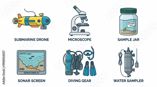 Marine Research Equipment Flat Vector Set Ocean Science Education