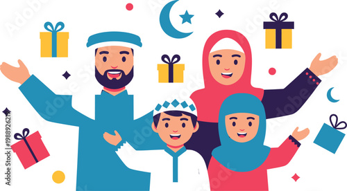 A muslim family celebrating eid with gifts and decorations