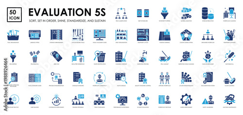 Evaluation 5S Icon Set – Sort Set in Order Shine Standardize Sustain Workflow Management