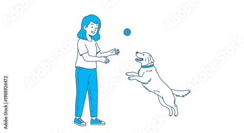 Girl playing fetch with happy dog and ball illustration