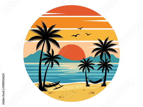Vibrant Sunset Beach Vector Illustration with Palm Trees and Hammock