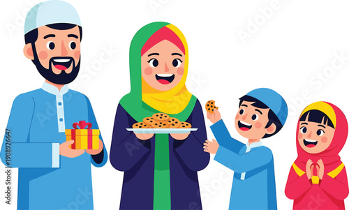 A muslim family celebrating eid with gifts and food