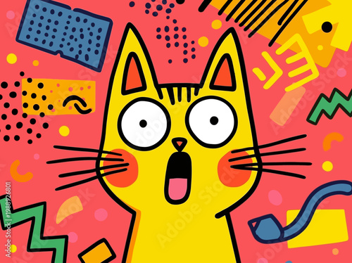 Surprised Yellow Cat Vector Illustration with Fun Memphis Design Elements