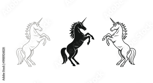 Three stylized unicorns are depicted in various poses, with one in silhouette.