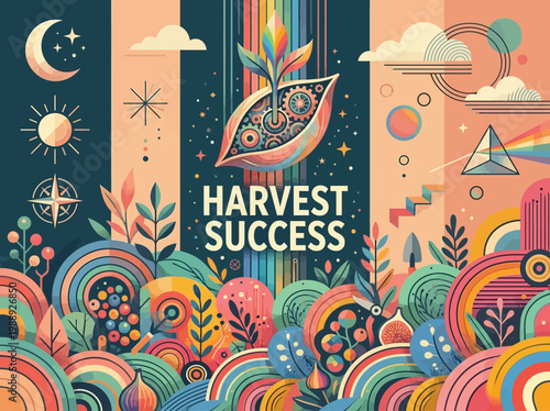 Vibrant Abstract Harvest Success Vector Illustration with Rainbow and Celestial Elements