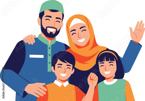 a smiling muslim family of four with their arms around each other