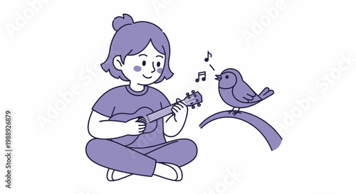 Happy girl playing ukulele with a singing bird