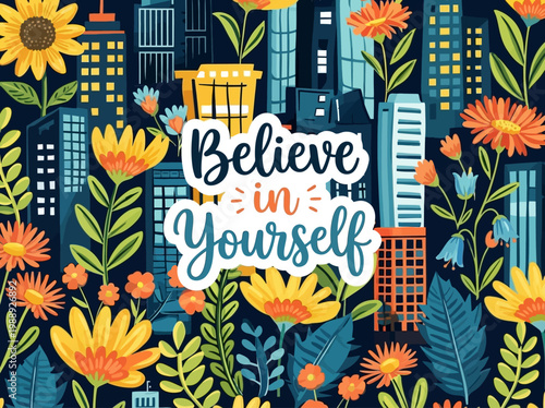 Believe in Yourself text with a city and floral background vector illustration