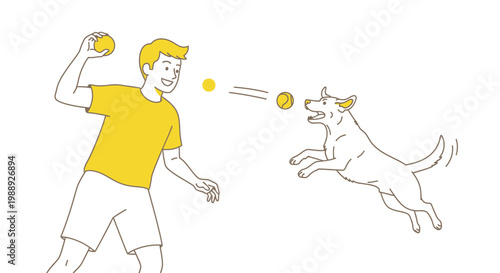 Happy man plays fetch with dog catching yellow ball