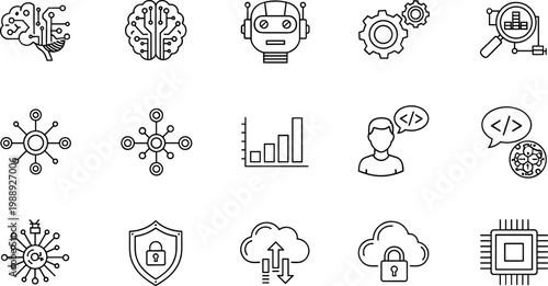 Artificial intelligence and programming outline icon set featuring neural network developer analytics security cloud and machine learning symbols