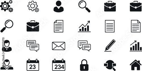 Business office icon set featuring documents analytics communication security management and corporate workflow symbols for digital applications