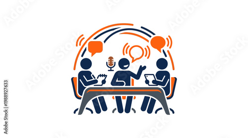Podcast Discussion - Three People Talking at a Table with Microphones.
