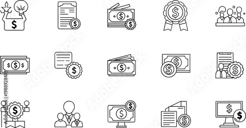 Finance and payment outline icon set featuring money banking investment cash transaction business salary and financial management symbols