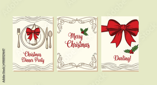 Three vertically arranged cards showcase festive christmas dinner party themes including tableware calligraphy and a prominent red bow high quality professional detailed modern