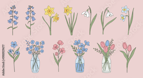 A charming collection of hand drawn floral illustrations features delicate wildflowers and blooms arranged in vases presented on a pastel pink background