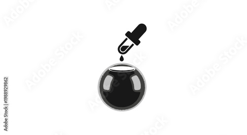Pipette dripping liquid into dark spherical container icon on isolated white background.
