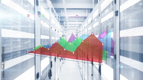 Camera moving ahead triggers multi-layer area chart floating and growing to show server load trends