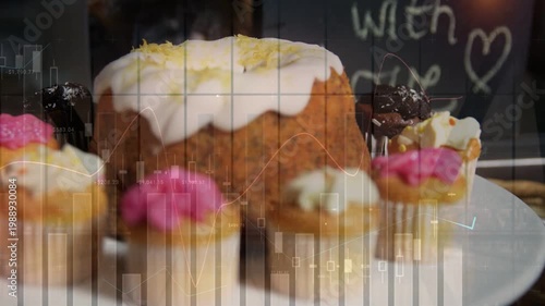 Camera pulling focus, bundt sharpening, minis showing toppings, faint graph for bakery marketing