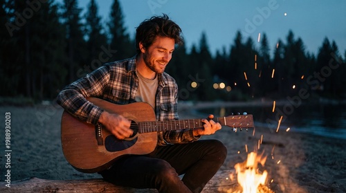 Young man playing guitar by bonfire at nighttime near lake  
