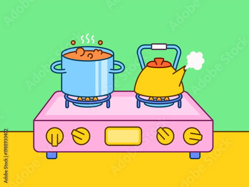 Cute cartoon stove with cooking pot and kettle illustration vector hand drawn style