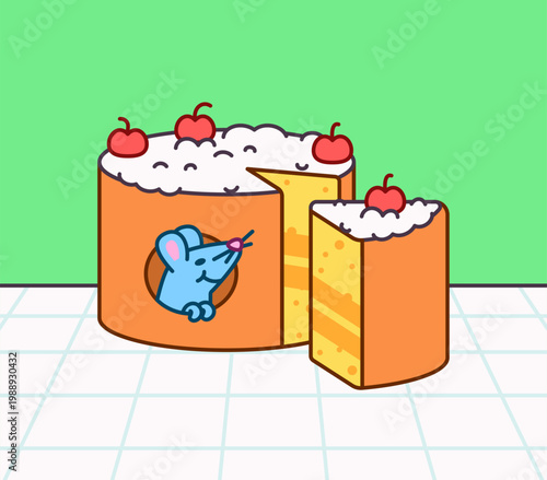Cartoon cheese cake with whipped topping, cherries, and a mouse peeking from a hole illustration vector