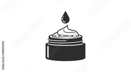 Elegant Dark Cosmetic Cream Jar Icon with White Swirling Cream and Liquid Drop on Isolated White Background
