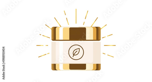Premium Gold Cosmetic Cream Jar Icon with Natural Leaf Logo and Glowing Light Rays on Isolated White Background