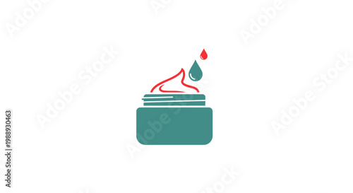 Teal Cosmetic Cream Jar with Red Wavy Cream and Falling Liquid Drops Icon on Isolated White Background