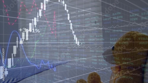 Financial chart fading into bedroom, animating candlesticks and lines, tracking market over teddy