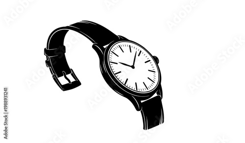 Angled vintage wristwatch silhouette with curved strap and classic round face retro vector design