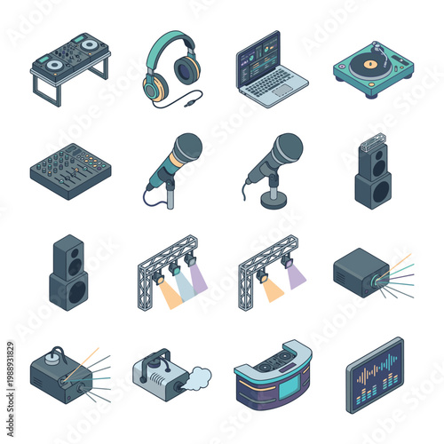 A collection of music and audio equipment icons.