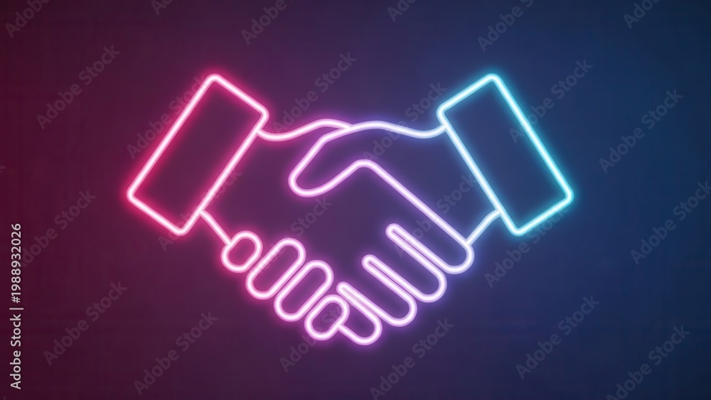 Obraz premium Illuminated neon handshake symbolizing global partnership and digital agreement