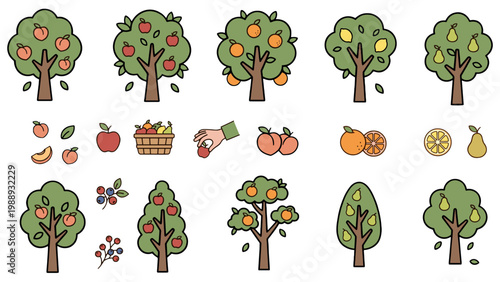 Fruit trees and harvest collection with apple, peach, orange, lemon, and pear icons, flat vector illustration isolated on background