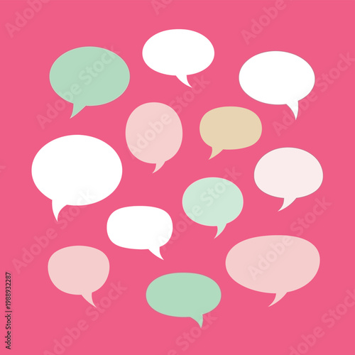 A collection of empty speech bubbles of various sizes and colors are scattered on a pink background.