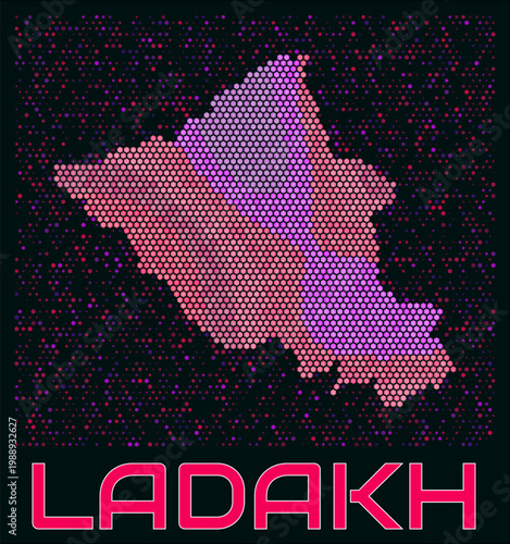 Ladakh digital style hexagon map. Vibrant magenta purple pink neon dotted shape. State tiny bright hexagon cells. Ladakh honeycomb map design. Awesome Vector Illustration.
