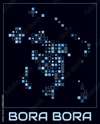 Bora Bora digital style map. Large square dots on dark background. Dotted shape of the island. Vector map and title. Elegant vector illustration.