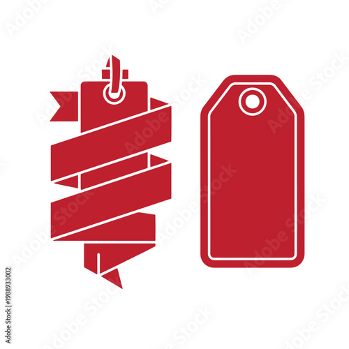 Red price tags on white background, one with twisted ribbon label marker