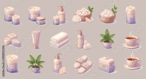 A collection of pastel colored spa elements including candles lotions towels and plants arranged on a neutral background high quality professional detailed modern