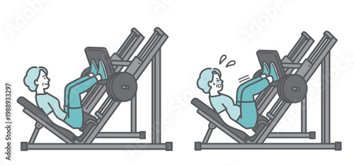 レッグプレスをする標準体型とぽっちゃり体型のシニア女性の比較セットイラスト